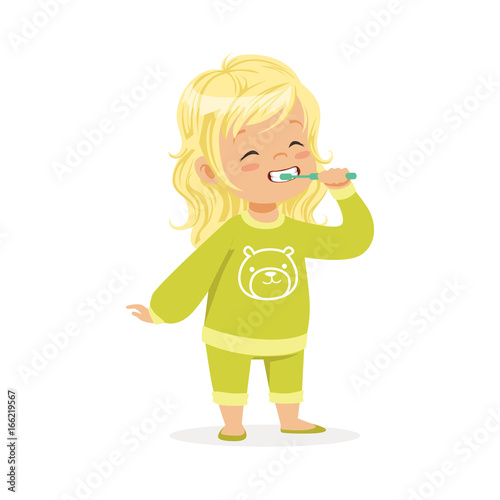 Beautiful cartoon blonde girl in a green pajamas brushing her teeth, kids dental care vector Illustration