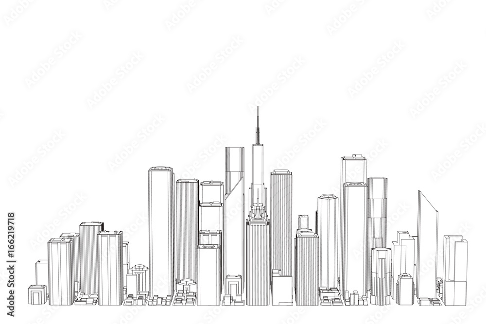 3D model of city. Isolated on white background. Vector outline illustration.