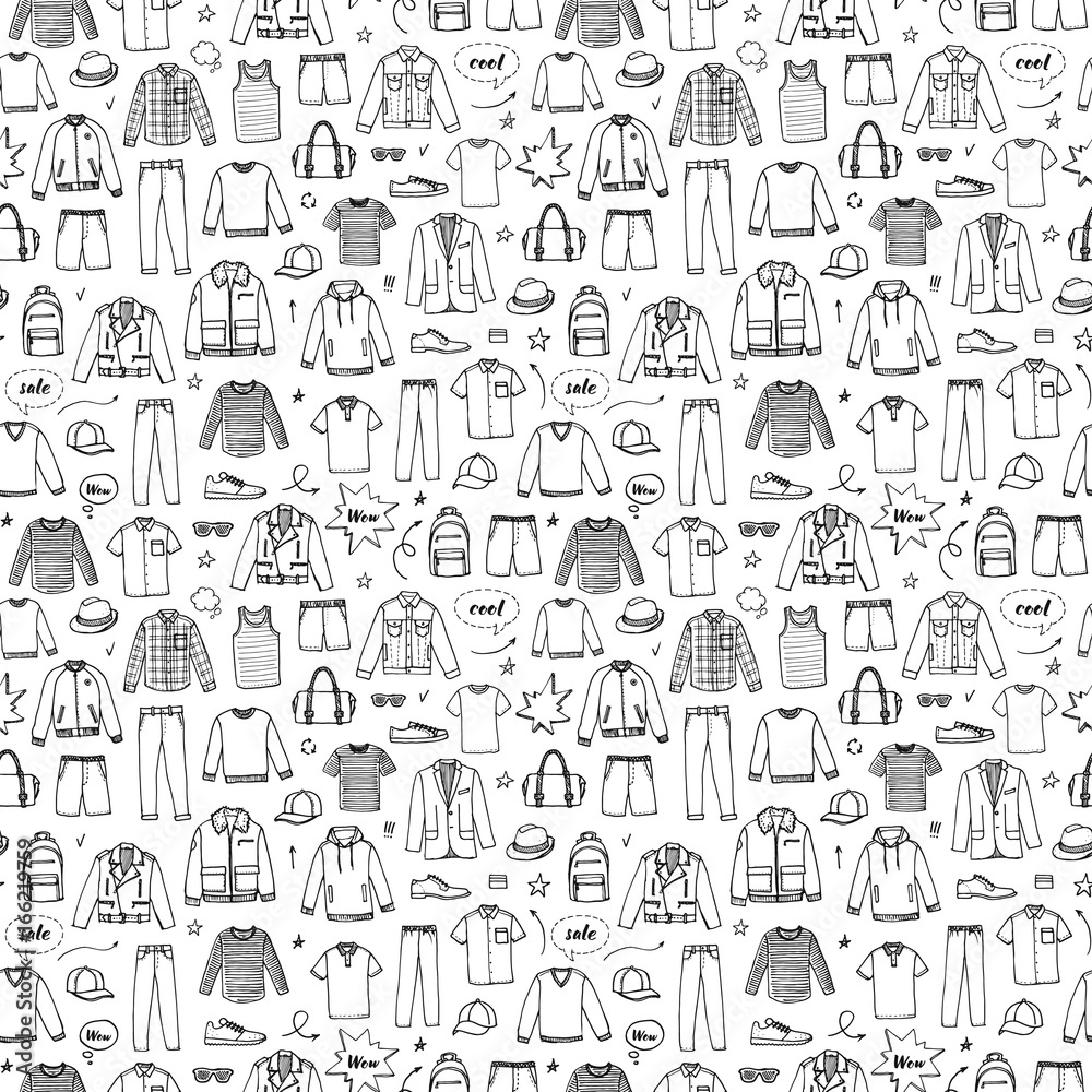 Men's Clothing and accessories. Hand drawn seamless pattern. 