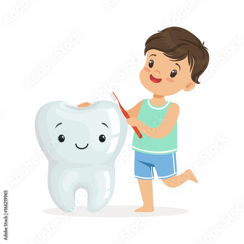 Smiling boy brushing a big smiling toorh with a brush, cute cartoon characters vector Illustration