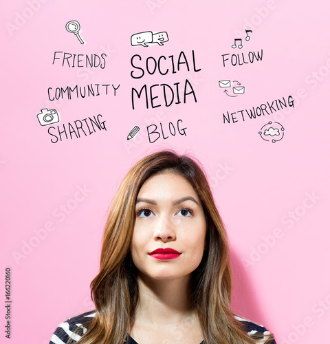 Social Media text with young woman on a pink background