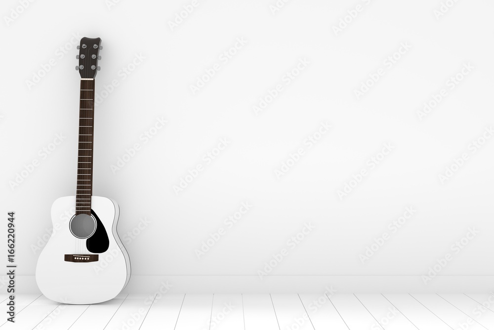 Fototapeta biała gitara akustyczna w pustym białym pokoju w renderowaniu 3D
