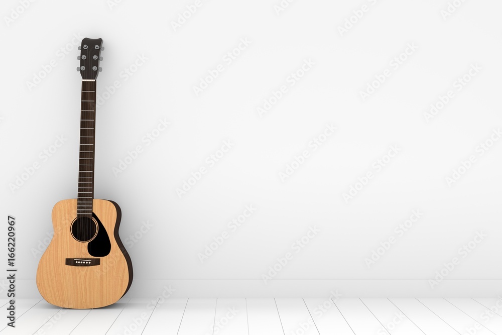 Fototapeta drewniana gitara akustyczna w pustym białym pokoju w renderowaniu 3D