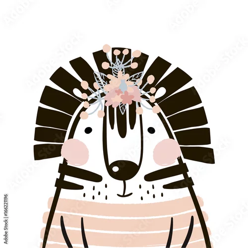 Naklejka na ścianę Tygrys kreskówka w stylu skandynawskim. Dziecinny nadruk do pokoju dziecinnego, ubrania dla dzieci, plakat, pocztówka. Ilustracja wektorowa