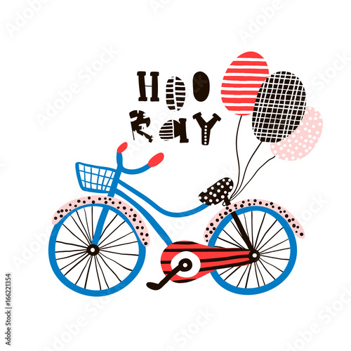 Hooray greeting background with creative bike and balloons. Vector Illustration