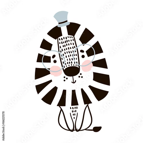 Naklejka na ścianę Kreskówka lew w stylu skandynawskim. Dziecinny nadruk do pokoju dziecinnego, ubrania dla dzieci, plakat, pocztówka. Ilustracja wektorowa