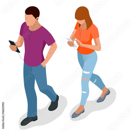 Isometric young people, teenagers and students with phone Young man phoning smart phone with messenger app. Flat illustration of people using gadgets walking