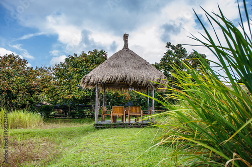 living roof with grass in the park with sky with white clouds.