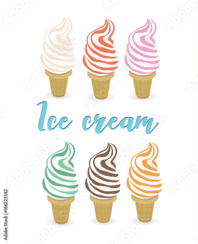 Ice cream set has many tastes, colorful. Multifruit ice cream in a waffle horn
