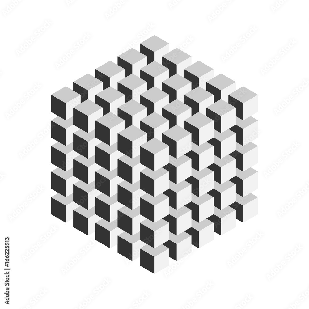 Grey geometric cube of 125 smaller isometric cubes. Abstract design element. Science or construction concept. 3D vector object. Grey geometric cube of 125 smaller isometric cubes. Abstract design element. Science or construction concept. 3D vector object.
