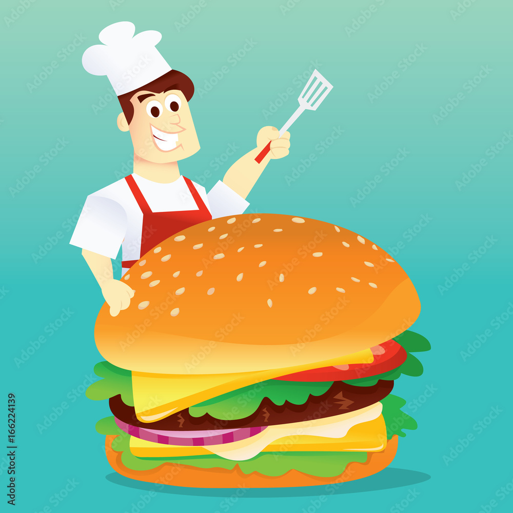 Cartoon Happy Chef And Hamburger Cartoon Happy Chef And Hamburger