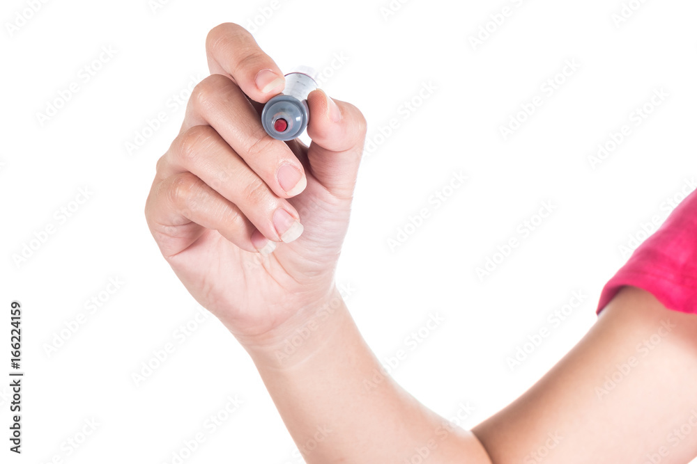 Female hand holding a blue marker isolated on white background Female hand holding a blue marker isolated on white background