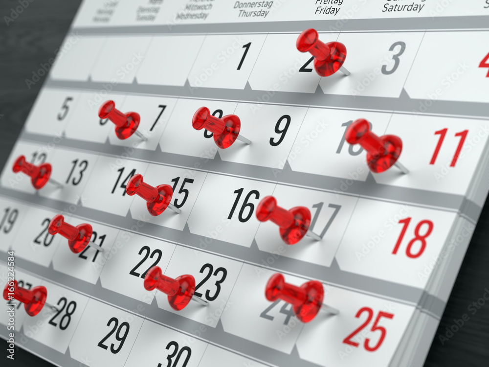 Concept of calendar, reminder, organizing - 3d illustration of calendar with red pins Concept of calendar, reminder, organizing - 3d illustration of calendar with red pins