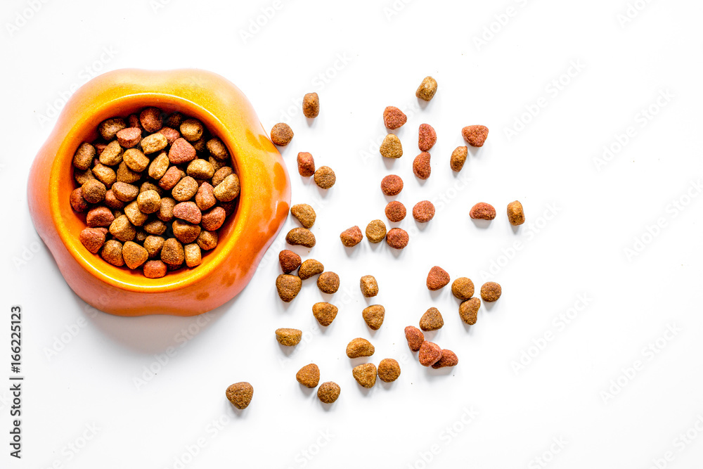 dry pet food in bowl on white background top view dry pet food in bowl on white background top view