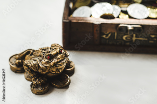 Feng shui money frog figure with coins and box
