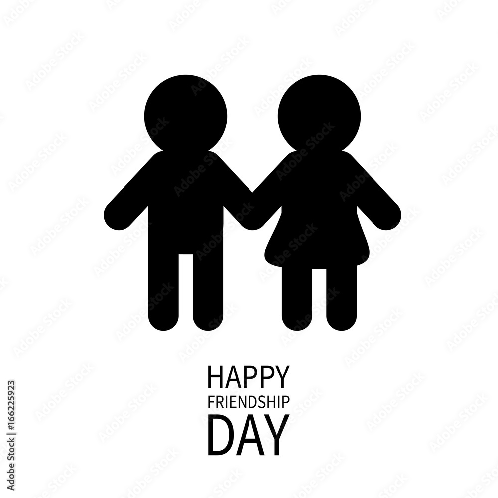 Happy Friendship Day. Boys girls holding hands icon. Friends forever. Two black man male woman female silhouette sign symbol. White background Flat design. Happy Friendship Day. Boys girls holding hands icon. Friends forever. Two black man male woman female silhouette sign symbol. White background Flat design.