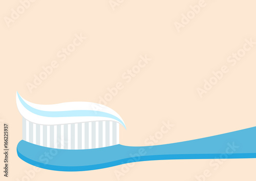 Toothbrush with toothpaste. Brushing teeth Healthy tooth. Oral dental hygiene Blue brush paste icon. Baby care Isolated. Beige background Flat design