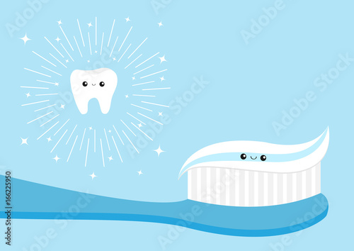 Healthy tooth icon set. Toothbrush toothpaste. Cartoon character. Brushing teeth Oral dental hygiene Brush paste. Baby health care. Shining line effect stars. Isolated. Blue background Flat design