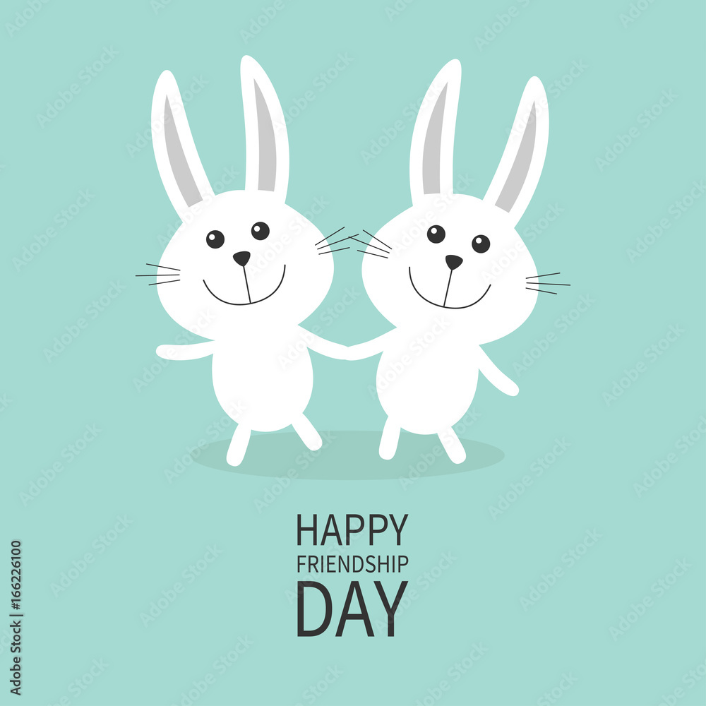 Happy Friendship Day. Two white bunny rabbit couple set Holding ...