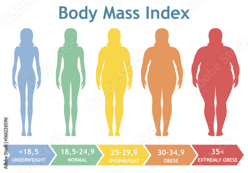 Body mass index vector illustration from underweight to extremely obese. Woman silhouettes with different obesity degrees. 