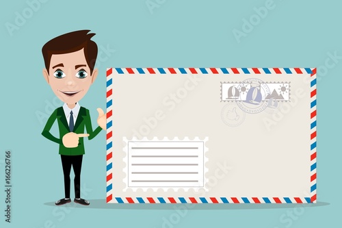 Business man holding envelope on white background. Stock vector illustration for poster, greeting card, website, ad, business presentation, advertisement design.