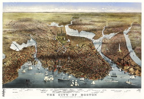 Boston, Massachusetts, old aerial view. By Parsons & Atwater, Ed. Currier & Yves, New York, 1873 photo