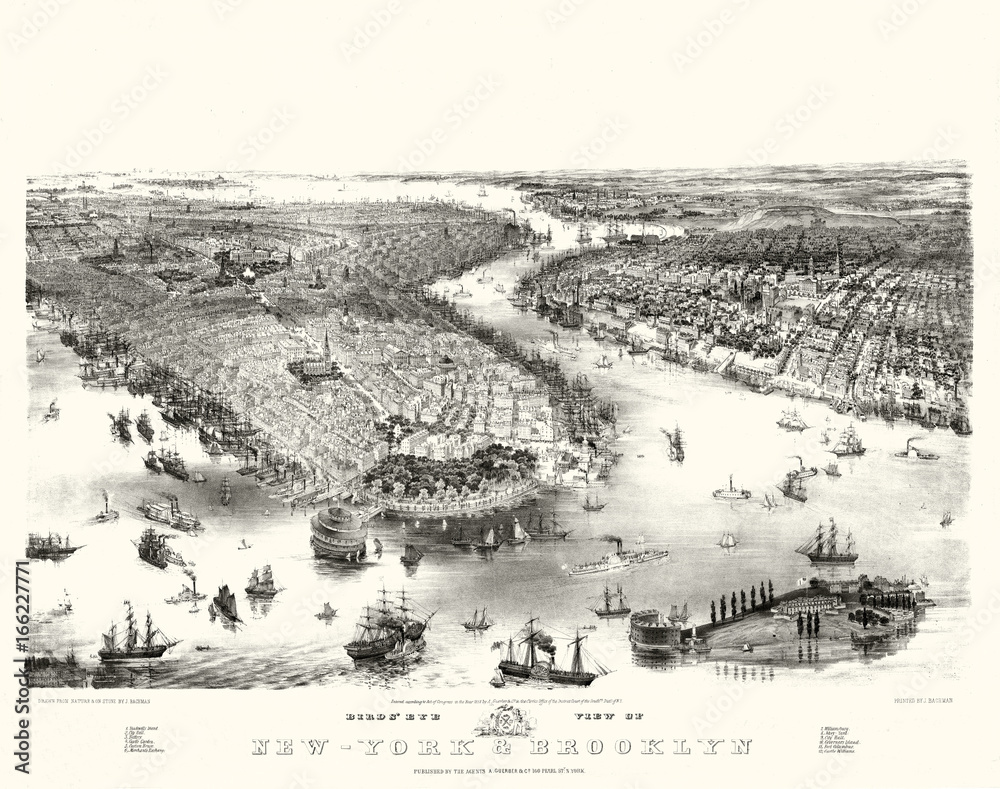 New York Old aerial view. ByJohn Bachmann. Publ. A. Guerber & Co., New York, 1851