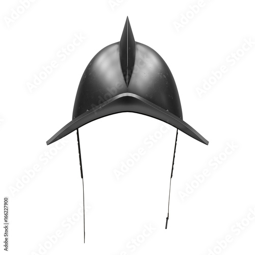 Medieval Knight Spanish Morion Helmet. Front view. Ancient Conquistador equipment for battlefields. 3D render Illustration Isolated on white background. photo