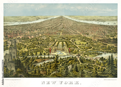 New York old aerial view from Central Park. By George Schlegel,  publ. Geo. Degen, New York, 1873 photo
