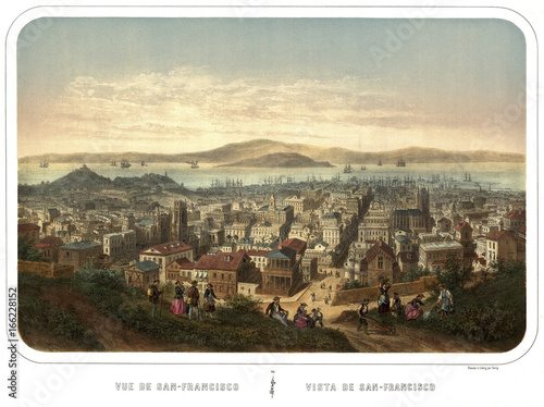 San Francisco, California, Old bird-eye view. Created and published by Isador Laurent Deroy,  Paris, 1860