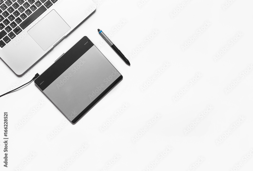 graphic tablet with pen for illustrators and designers, isolated on white background.