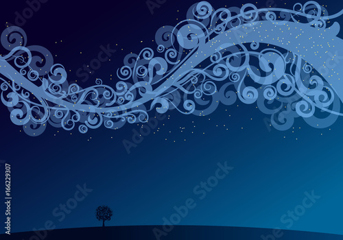 swirly milky way. abstract blue background. simple landscape, flat design.