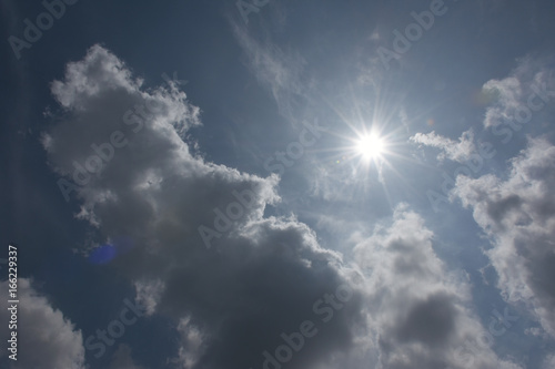 輝く太陽と青空と雲（眩しい、輝く、猛暑、熱中症、紫外線、暑いなどのイメージ）