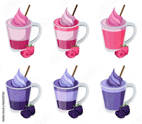 Summer raspberry cocktail fruits set vector. Fresh drink retro style background