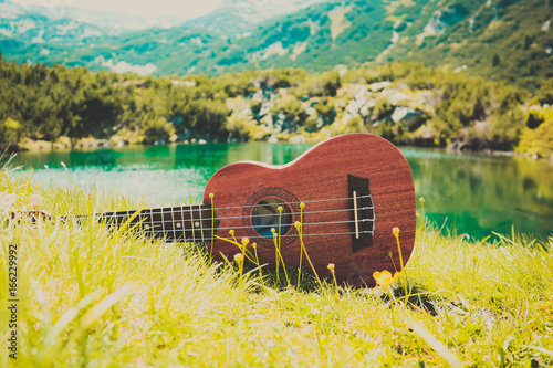 Romantic view of the Ukulele guitar at the mountain nature green meadow. Photo depicts musical instrument Ukulele small guitar at the amazing pure mountain lake Shore and the blue sky background. #166229992