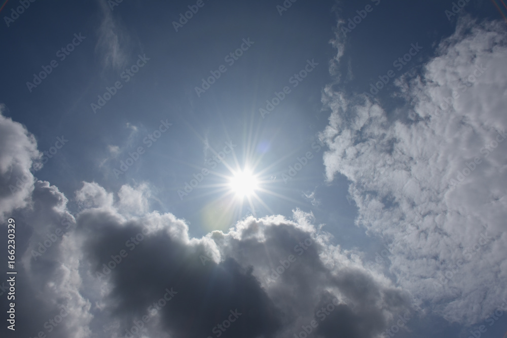 輝く太陽と青空と雲 空想 雲のモンスター 熱でとけ始めたモンスター 右側の顔のイメージ など 熱い 融ける 溶ける 猛暑 暑い 熱中症 紫外線 未来 可能性などのイメージ Stock Photo Adobe Stock