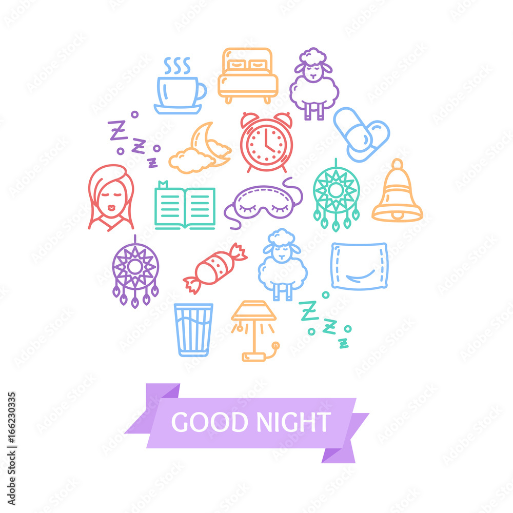 Sleeping and Insomnia Color Round Design Template Line Icon Concept. Vector Sleeping and Insomnia Color Round Design Template Line Icon Concept. Vector