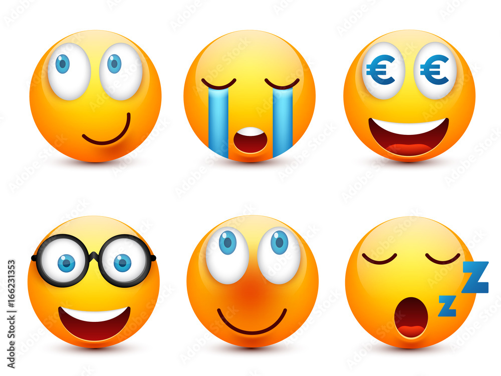 Smiley with blue eyes,emoticon set. Yellow face with emotions. Facial expression. 3d realistic emoji. Sad,happy,angry faces.Funny cartoon character.Mood.Vector illustration. Smiley with blue eyes,emoticon set. Yellow face with emotions. Facial expression. 3d realistic emoji. Sad,happy,angry faces.Funny cartoon character.Mood.Vector illustration.