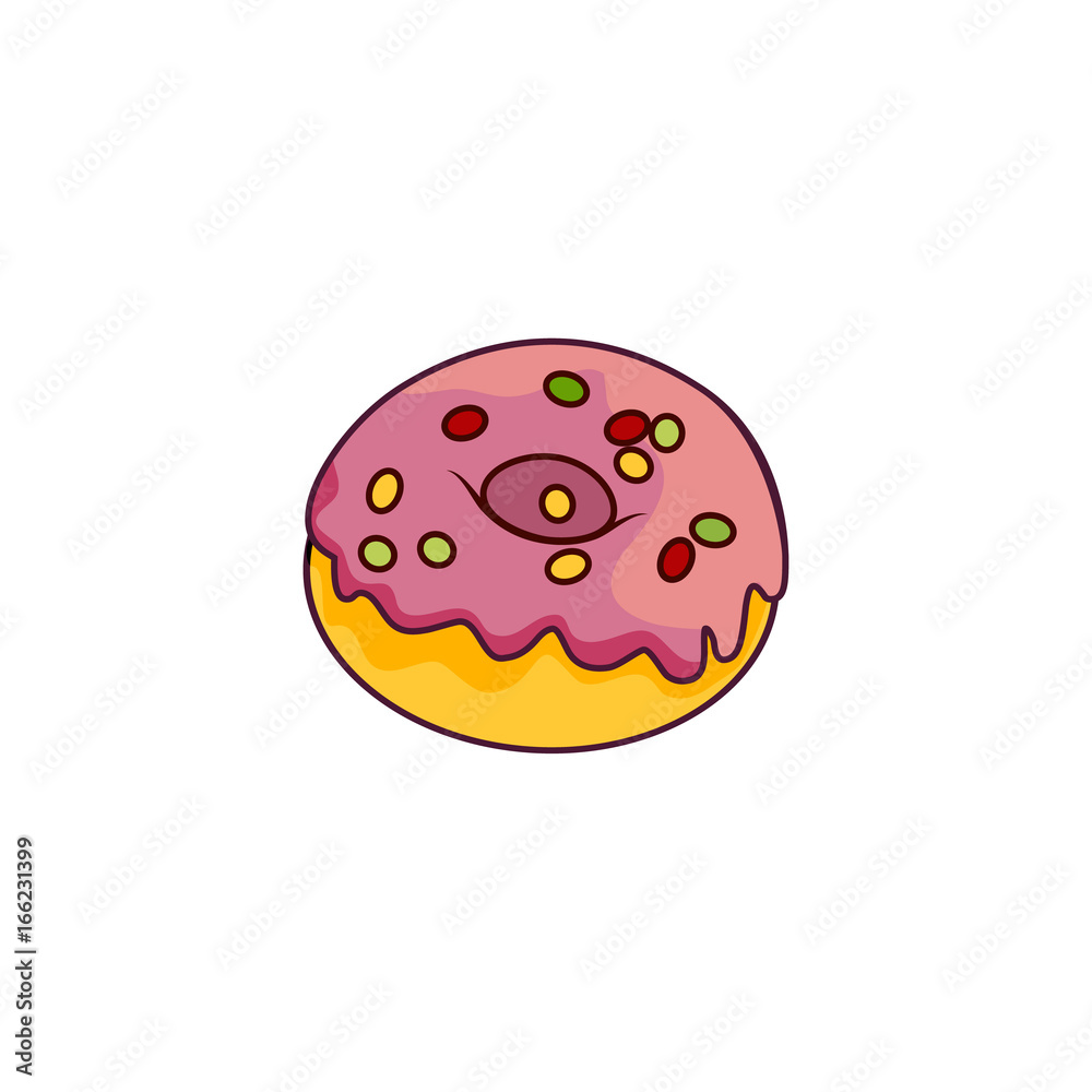 Vector donut with pink glaze icing and sprinkles flat cartoon isolated illustration on a white background. Sweet delicious dessert food, snack Vector donut with pink glaze icing and sprinkles flat cartoon isolated illustration on a white background. Sweet delicious dessert food, snack