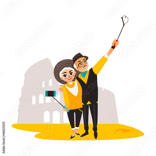 Vector adult couple makes selfie on the background of Coliseum. Flat cartoon Isolated illustration on a white background. Man and woman in fashion clothing makes photo by selfie stick on vacation