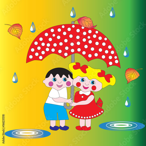Two children a boy and a girl under an umbrella.