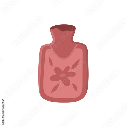 Vector hot water bottle flat illustration isolated on a white background. Flu and cold treatment tool. Cartoon medical cure, pink colored