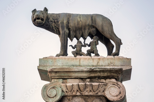 Statue of Romulus and Remus at Forum of Caesar in Rome, Italy. Architecture and landmark.
