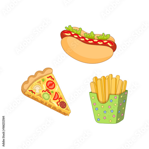 Vector pizza slice, french fries hot dog set. Fast food flat cartoon isolated illustration on a white background. Hot dog with sauce and salad, potato fry in paper box and tomato and pepperoni pizza