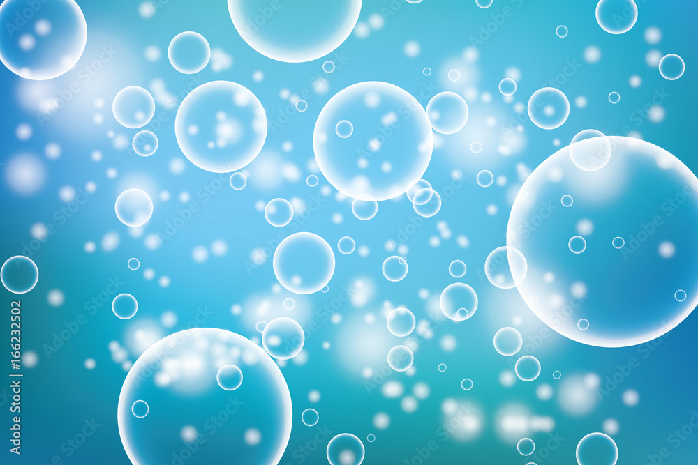 Oxygen bubbles in water blue background for scientific and biological concepts. Transparent circle, sphere ball, water sea or ocean, vector illustration