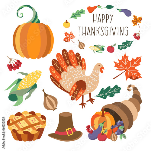 Vector thanksgiving set. Autumn, harvest and thanksgiving symbols - horn of planty, cornucopia, hat pumpkin apple pie, turkey leaves vegetables. Flat illustration isolated on a white background.
