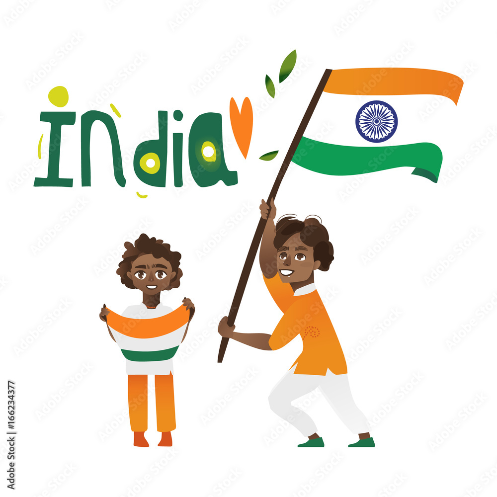 Two boys, kids, teenagers with Indian flags and India country name  lettering, cartoon vector illustration isolated on white background. Indian  boys holding national tricolor flag, India country name Stock Vector | Adobe
