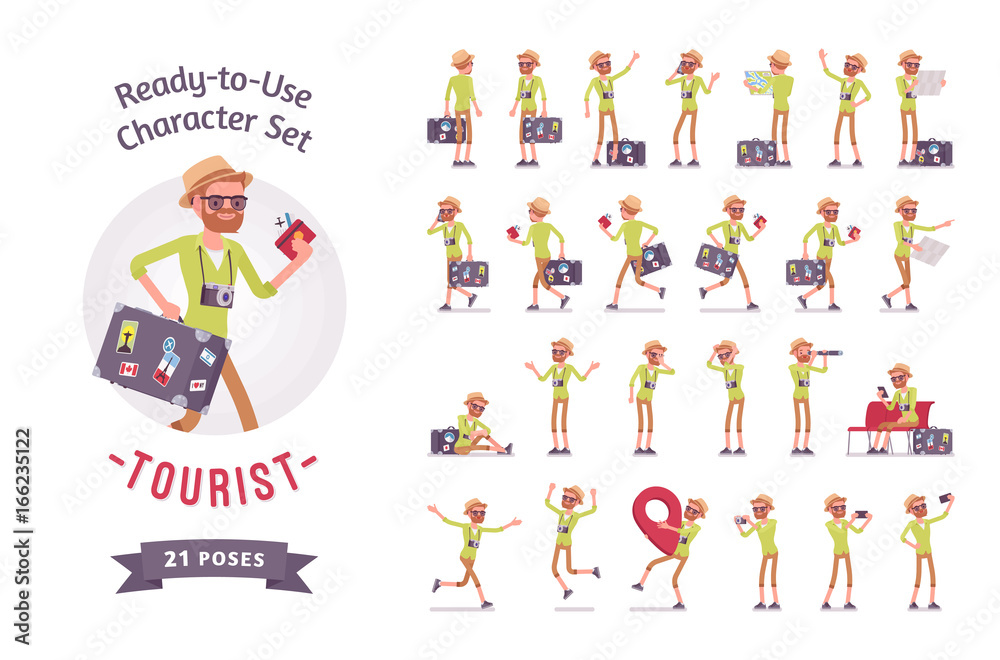 Tourist man with luggage character set, various poses and emotions