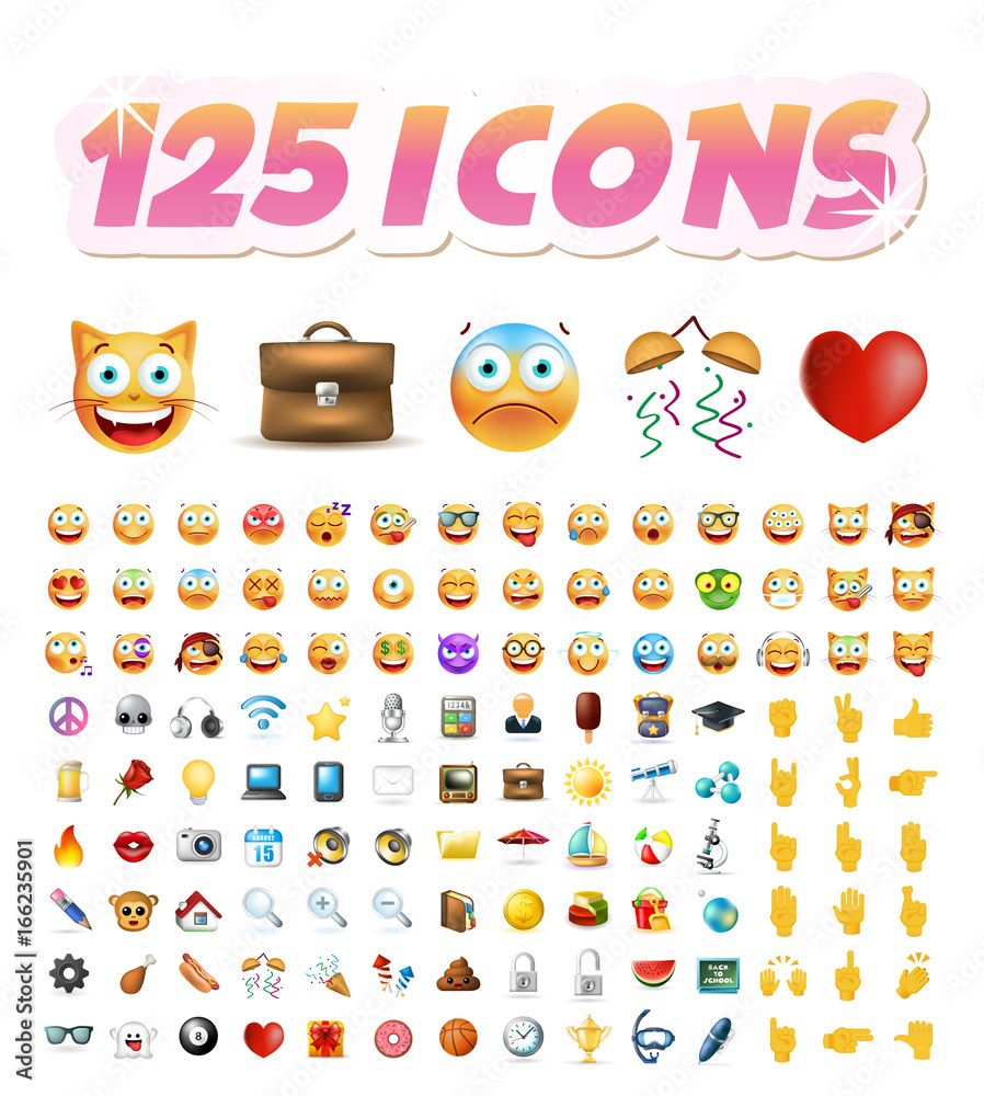 Fototapeta premium Set of 125 Realistic Cute Icons on White Background . Isolated Vector Illustration 