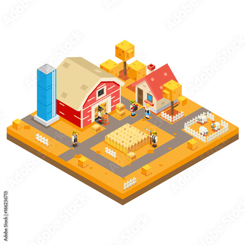 Village Agriculture Farm Rural House Building season Autumn Isometric 3d Lowpoly Icon Real Estate Garden Symbol Meadow Background Flat Design Vector Illustration